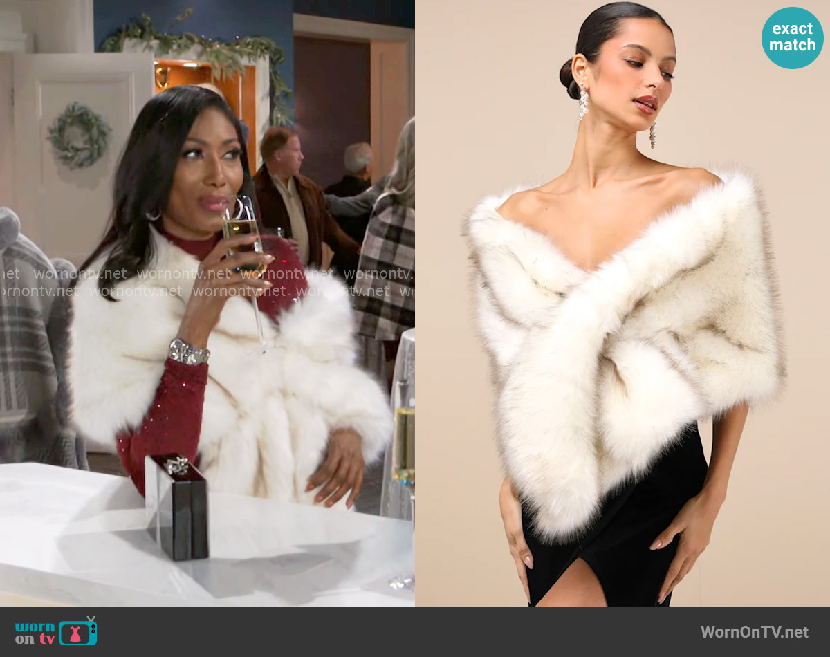 Lulus Exquisite Promise White Faux Fur Stole worn by Dana 'Leslie' Thomas (Trisha Mann-Grant) on Beyond the Gates