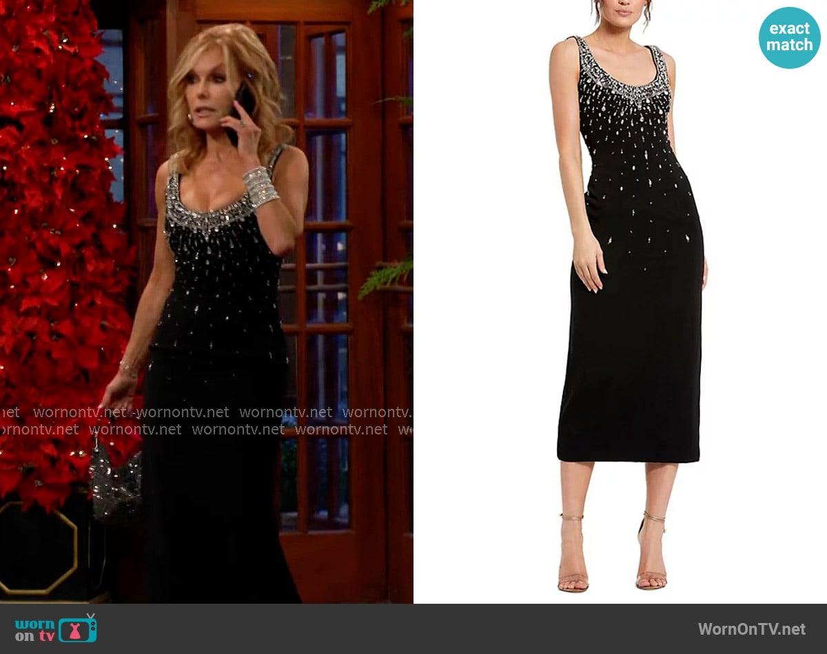 Mac Duggal Beaded Crepe Scoop Neck Sleeveless Midi Dress worn by Lauren Fenmore (Tracey Bregman) on The Young and the Restless