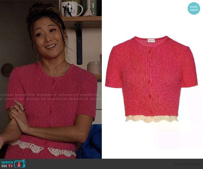 Magda Butrym buttoned cropped cardigan worn by Mindy Chen (Ashley Park) on Emily in Paris