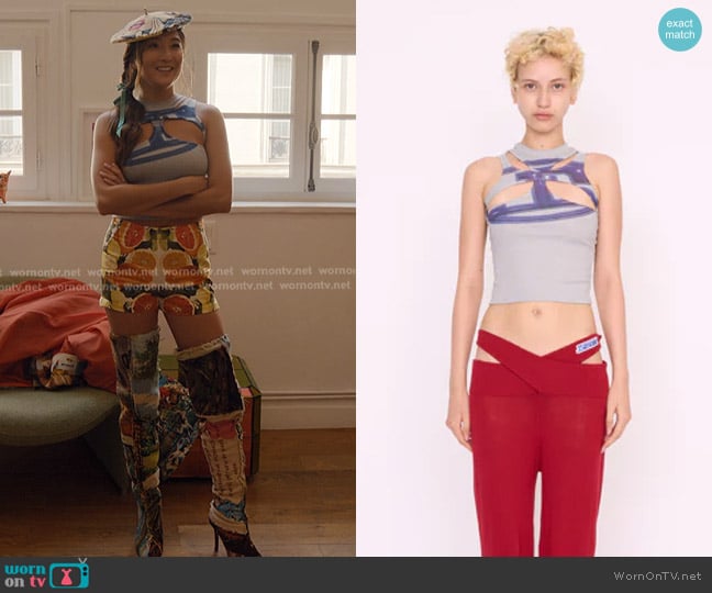 Maison J.Simone Logo blue Crisscross Top worn by Mindy Chen (Ashley Park) on Emily in Paris