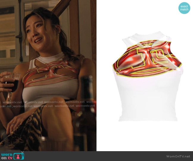 Maison J.Simone Logo Crisscross Top in Red worn by Mindy Chen (Ashley Park) on Emily in Paris