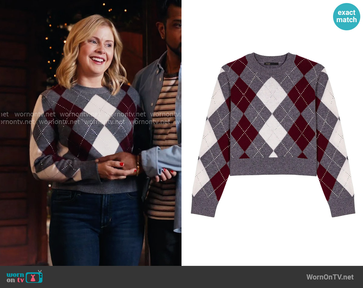 Maje Cropped argyle pattern sweater worn by Sam (Rose McIver) on Ghosts