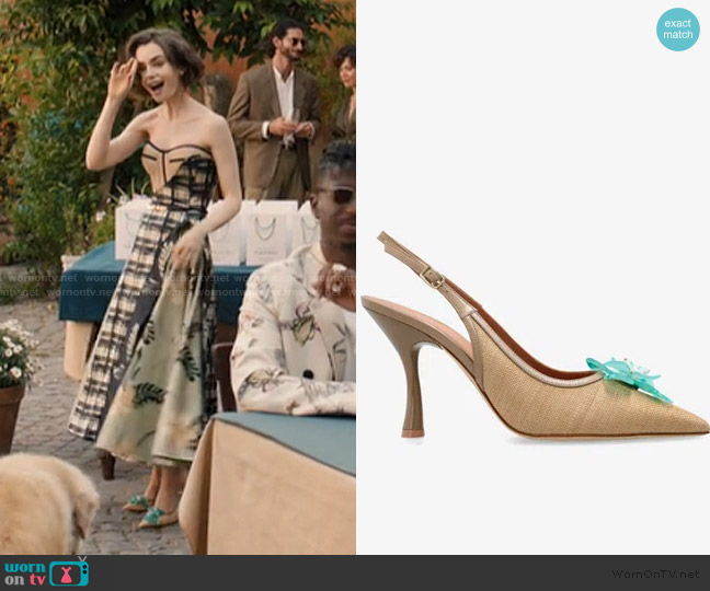 Malone Souliers Chrissy 90 Slingback Raffia Pumps In Brown worn by Emily Cooper (Lily Collins) on Emily in Paris