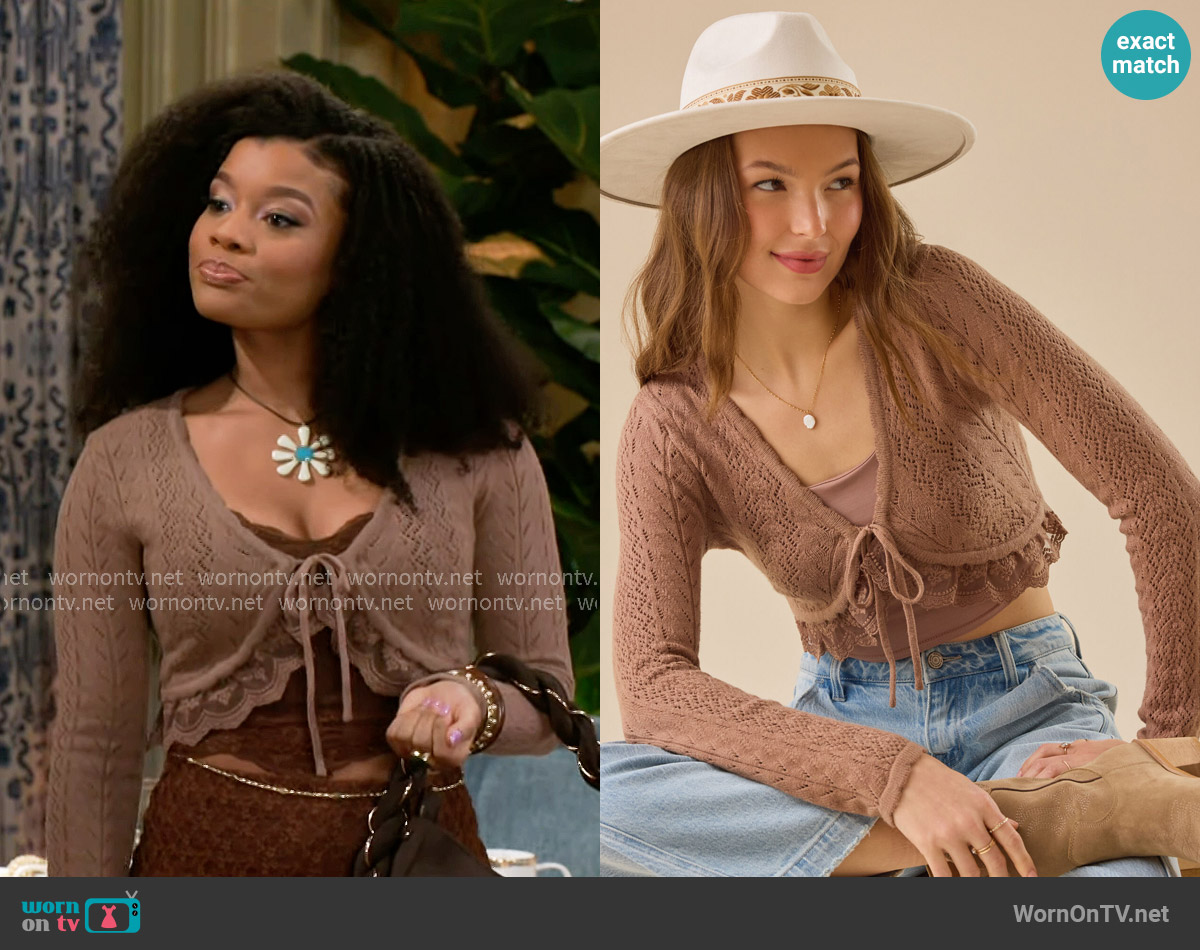 Maria Pointelle Lace Trim Shrug in Brown Altar'd State worn by Eva Thomas (Ambyr Michelle) on Beyond the Gates