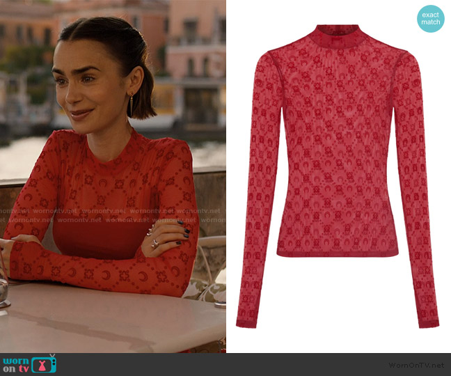 Marine Serre Moonogram high-neck top worn by Emily Cooper (Lily Collins) on Emily in Paris