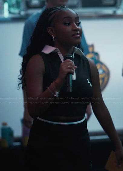 Marissa’s black contrast polo top on Bel-Air