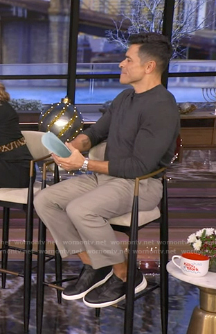 Mark Consuelos’s black leather shoes on Live with Kelly and Mark