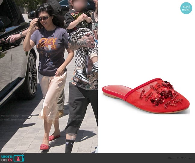 Matisse Maven Floral Applique Mesh Flat Mules worn by Kourtney Kardashian (Kourtney Kardashian) on The Kardashians
