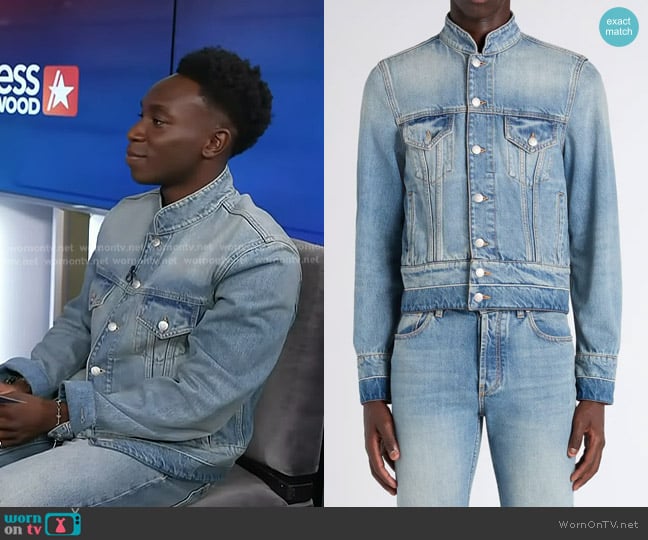 McQueen Band Collar Denim Jacket worn by Olly Sholotan on Access Hollywood