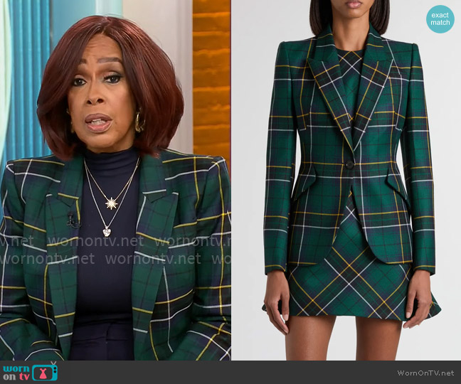 McQueen Tartan Peak Shoulder Wool Blazer worn by Gayle King on CBS Mornings