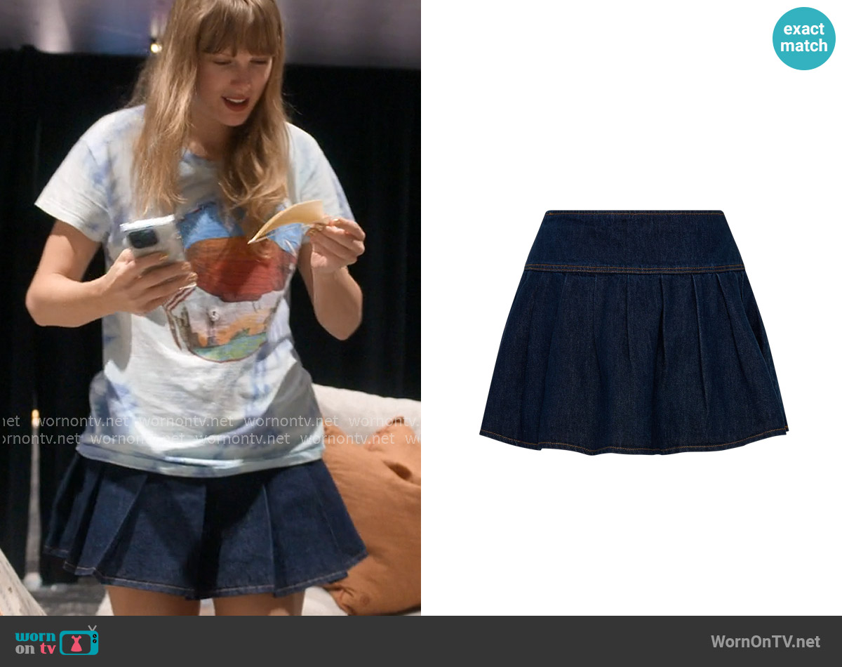 Meshki Candice Pleated Denim Mini Skirt worn by Taylor Swift on The End of an Era