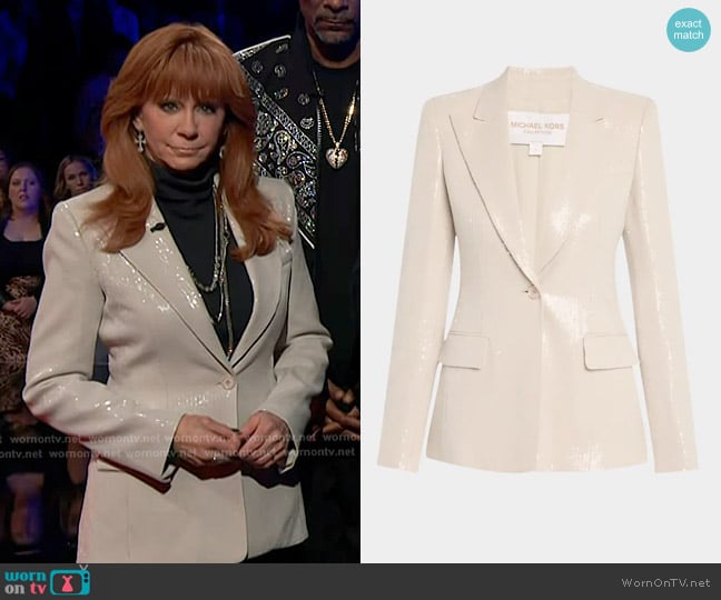 Michael Kors Collection Georgina Sequined Single-Breasted Blazer in Oyster worn by Reba McEntire on The Voice