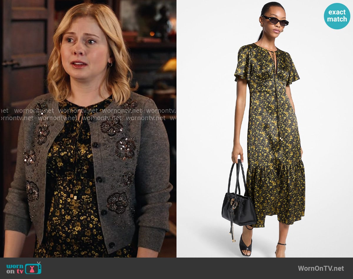 MICHAEL Michael Kors Floral Hammered Satin Midi Dress worn by Sam (Rose McIver) on Ghosts