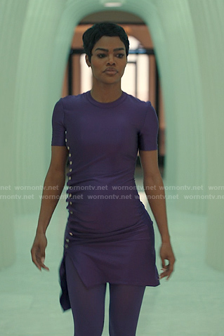 Milan’s purple button detail mini dress on Alls Fair