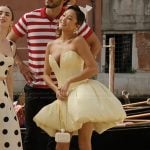 Mindy’s yellow sweetheart mini dress on Emily in Paris