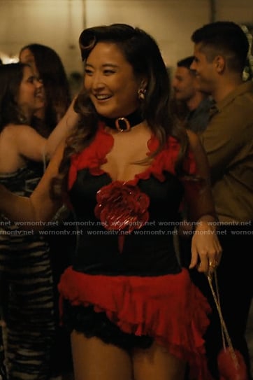 Mindy’s black floral applique corset top on Emily in Paris