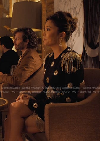 Mindy’s black embellished cutout fringed dress on Emily in Paris