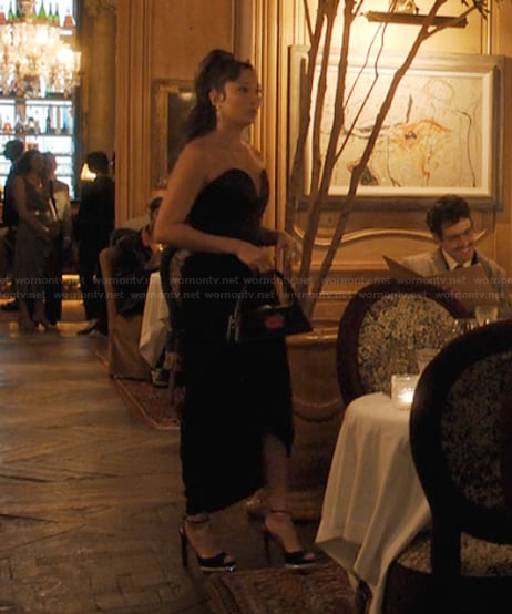 Mindy’s black sweetheart dress on Emily in Paris