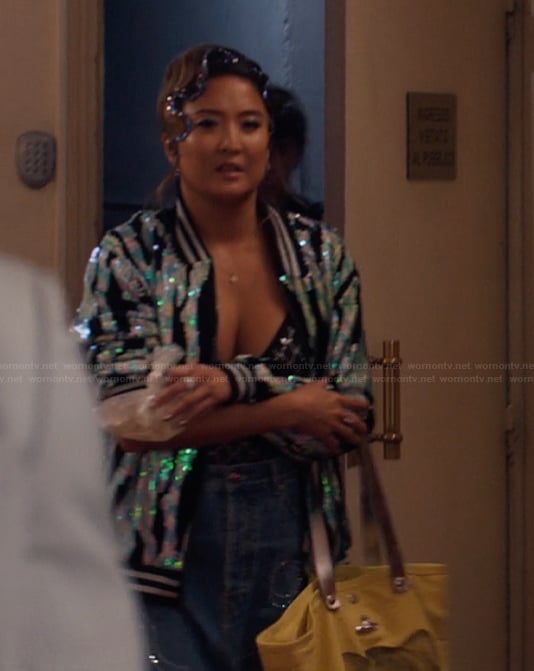 Mindy’s embellished bodysuit on Emily in Paris