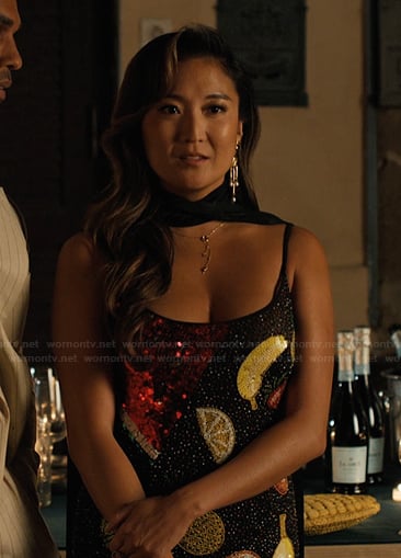 Mindy’s fruit sequin mini dress on Emily in Paris