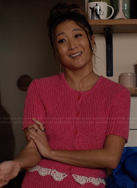 Mindy’s pink lace trim cardigan and shorts on Emily in Paris