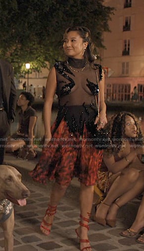 Mindy’s red embellished heel sandals on Emily in Paris