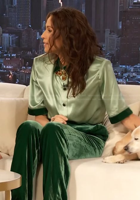 Minnie Driver’s green velvet trim top and pants
