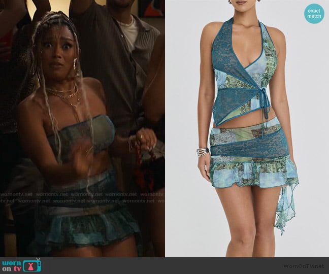 Mistress Rocks Ocean Teal Print Halter Top worn by Jackie (Jazlyn Martin) on Bel-Air