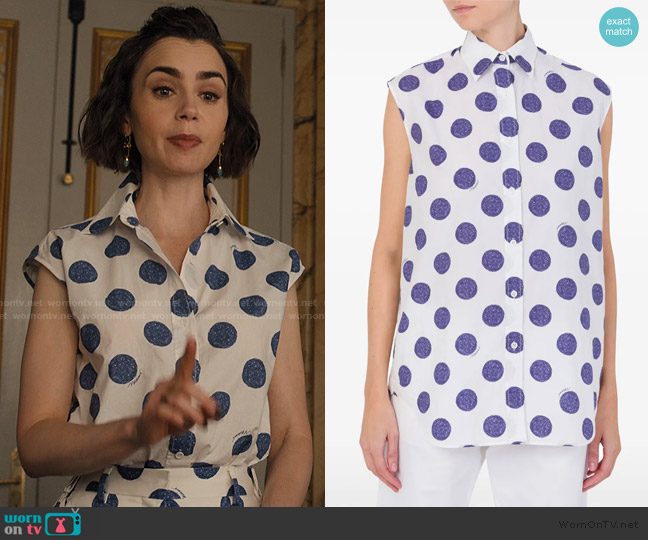 Moschino Polka dot-print shirt worn by Emily Cooper (Lily Collins) on Emily in Paris