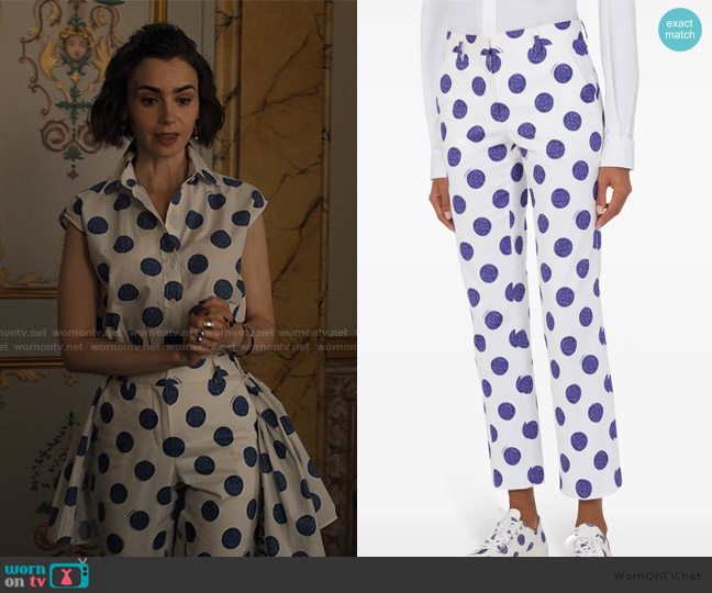 Moschino Polka-dot trousers worn by Emily Cooper (Lily Collins) on Emily in Paris