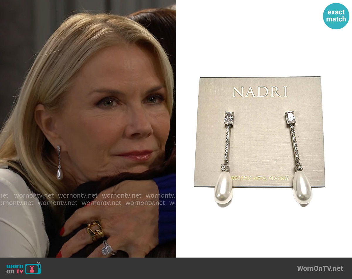 Nadri Pearl with Crystals Silver Plated Earrings worn by Brooke Logan (Katherine Kelly Lang) on The Bold and the Beautiful