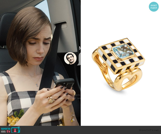 Never Not Let’s play Chess Ring With Blue Topaz worn by Emily Cooper (Lily Collins) on Emily in Paris