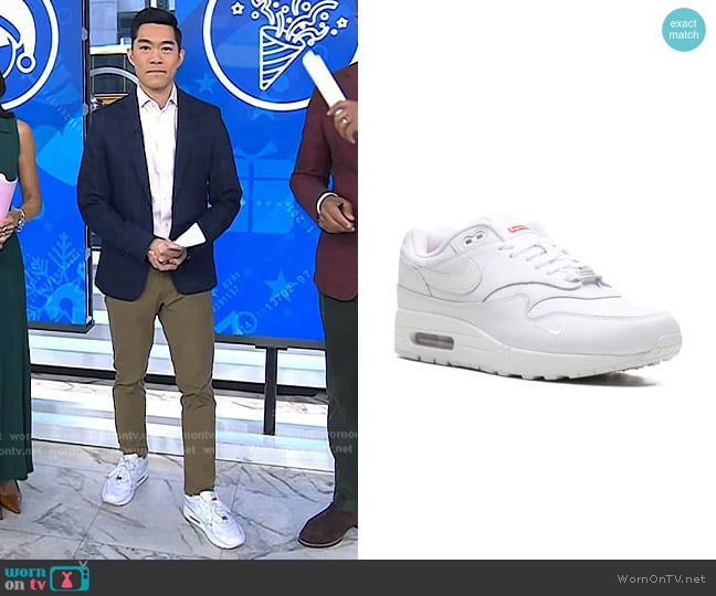 Nike x Supreme Air Max 1 '87 SP Sneakers in Triple White worn by Brian Cheung on Today