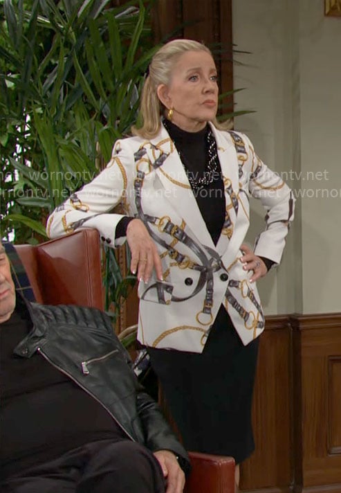 Nikki’s belt and chain print blazer on The Young and the Restless