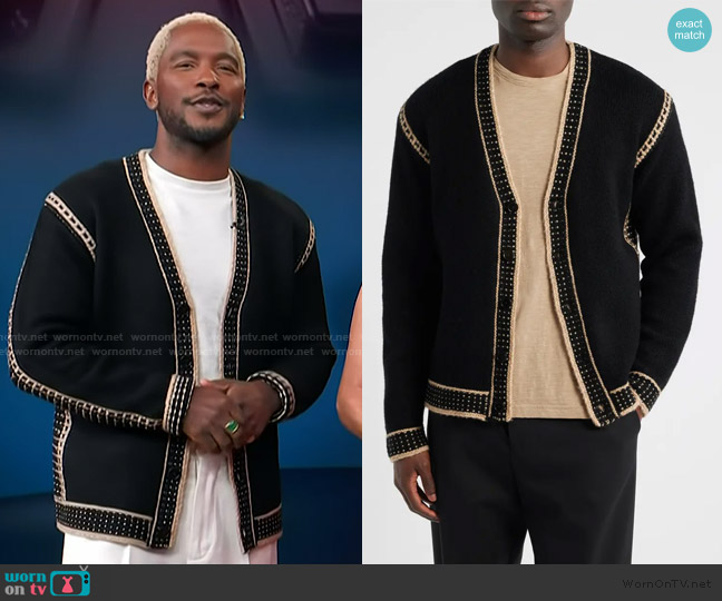 NN07 August Relaxed Fit Contrast Trim Cardigan worn by Scott Evans on Access Hollywood
