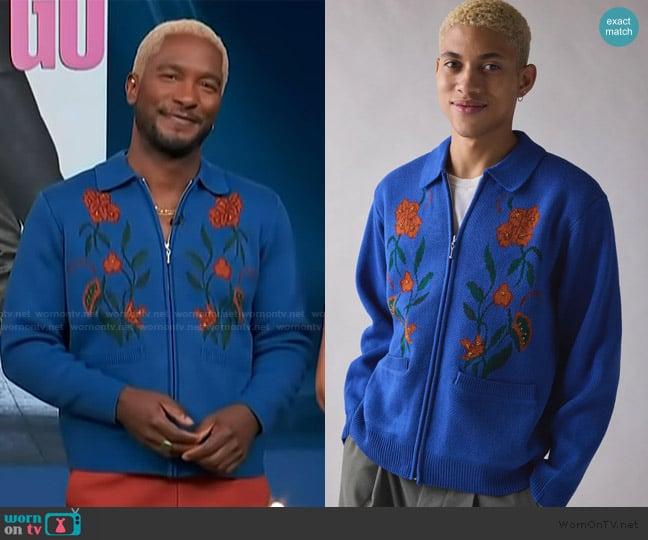 Obey Floral Zip Cardigan worn by Scott Evans on Access Hollywood