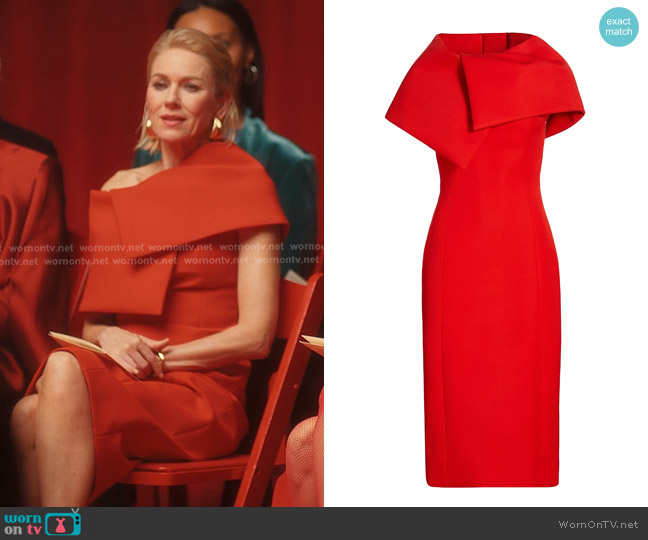 Oscar de la Renta Wool-Blend Wrap Capelet Midi-Dress in Vermilion worn by Liberty Ronson (Naomi Watts) on Alls Fair