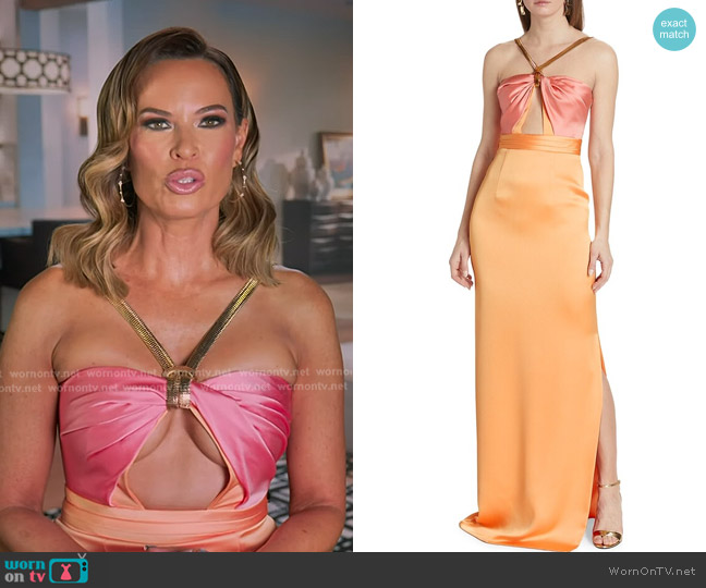 Ozgur Masur Chain Halter Satin Column Gown in orange/pink worn by Britani Bateman on The Real Housewives of Salt Lake City