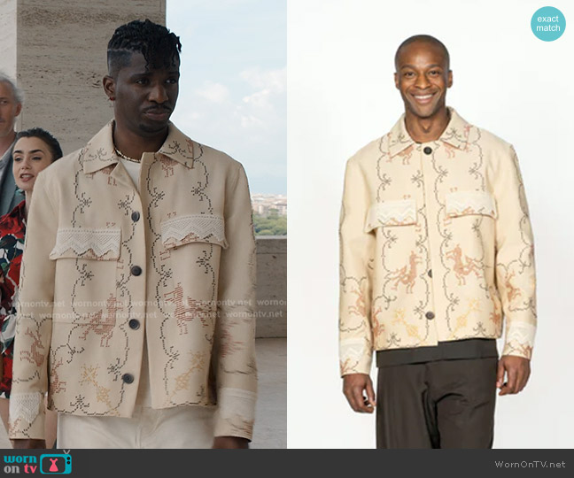 Panos Gotsis The Easy Jacket in The Embroidered Deer worn by Julien (Samuel Arnold) on Emily in Paris
