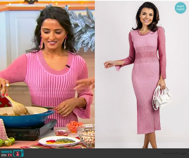 Patrizia Pepe Pink two-tone lurex ribbed midi dress worn by Palak Patel on Tamron Hall Show
