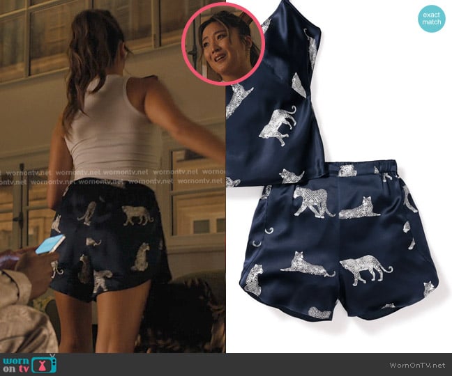 Petite Plume Silk Cami Short Set in Panthère de Nuit worn by Mindy Chen (Ashley Park) on Emily in Paris