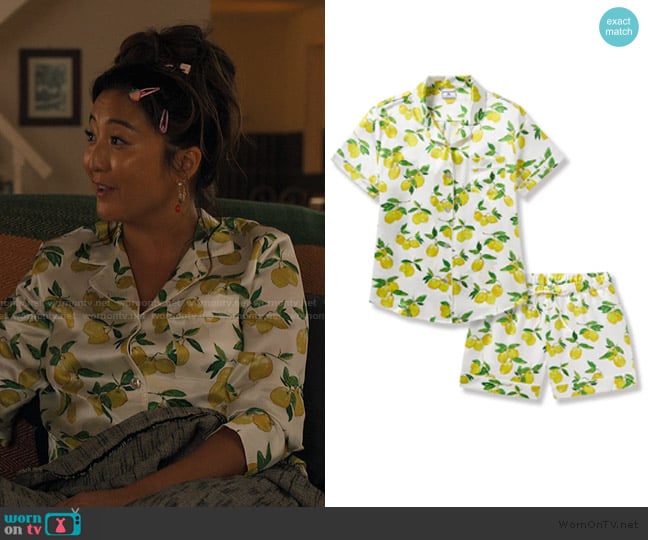 Petite Plume Silk Classic Short Set in Amalfi Lemons worn by Mindy Chen (Ashley Park) on Emily in Paris