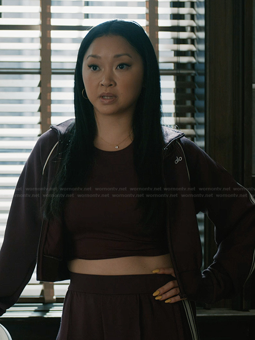 Peyton’s burgundy track jacket on Elsbeth