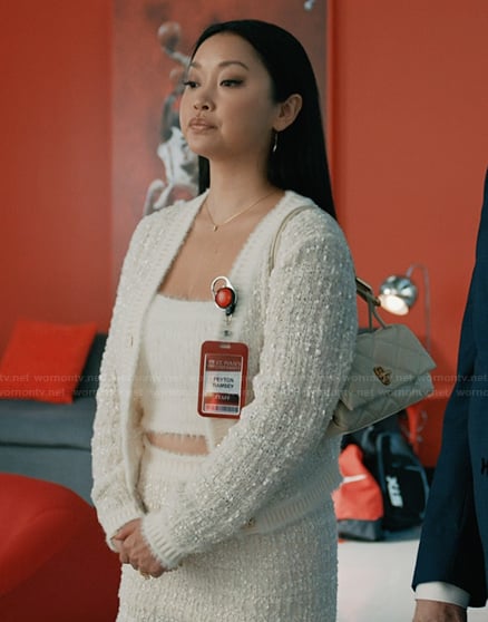 Peyton’s white tweed jacket and mini skirt on Elsbeth