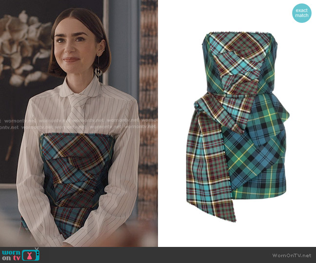 Philosophy Di Lorenzo Serafini Tartan Check Strapless Mini-dress worn by Emily Cooper (Lily Collins) on Emily in Paris