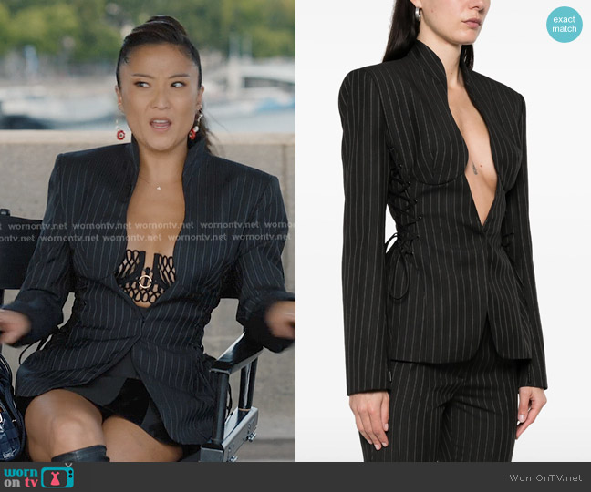 Pinstripe Sculptural Jacketby Mugler worn by Mindy Chen (Ashley Park) on Emily in Paris