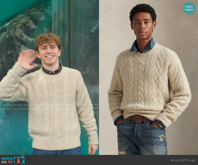 Polo Ralph Lauren Aran-Knit Sweater in Coconut Cream Heather worn by Walker Scobell on Good Morning America
