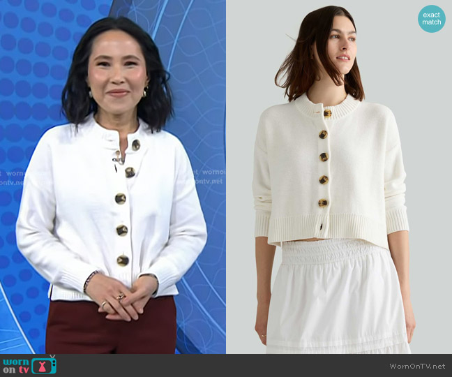 Quince 100% Organic Cotton Cropped Cardigan in Ivory worn by Vicky Nguyen on Today