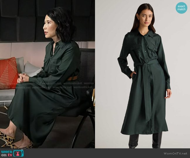 Quince 100% Silk Twill Utility Shirt Dress in Forest Green worn by Vicky Nguyen on Today