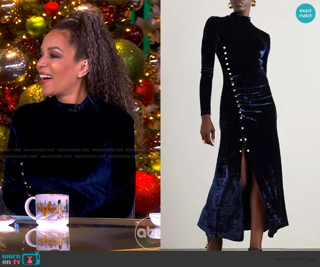 Rabanne Asymmetric ruched embellished velvet turtleneck dress worn by Sunny Hostin on The View